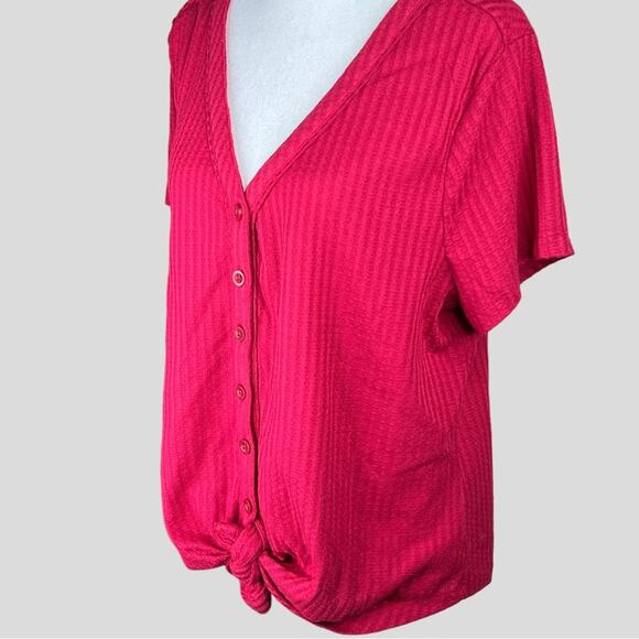 NWT Aventura Button Tie Front Waffle Knit Top Size L Ayla V-Neck Red Bud - Picture 2 of 11